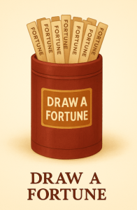 Illustration of a fortune stick box labeled "Draw a Fortune" used to represent the Mini Temple ritual on the homepage.