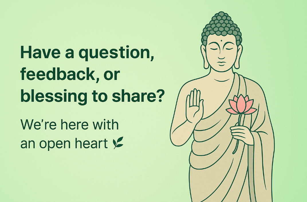 Illustration of a monk inviting visitors to share questions or blessings on Canace Dharma contact page