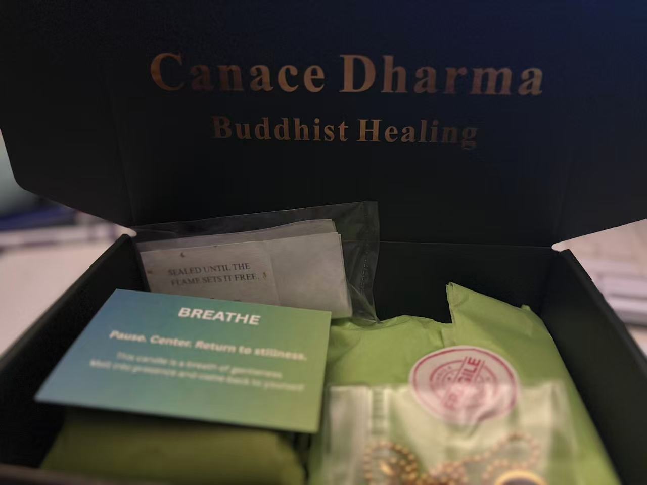 Canace Dharma-open box picture -Breathe Candle